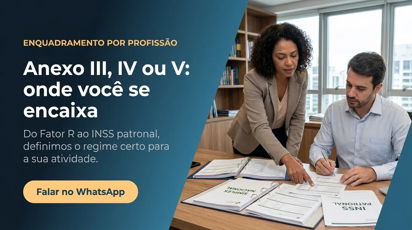Médico e advogado analisando enquadramento e Fator R na contabilidade para profissionais liberais