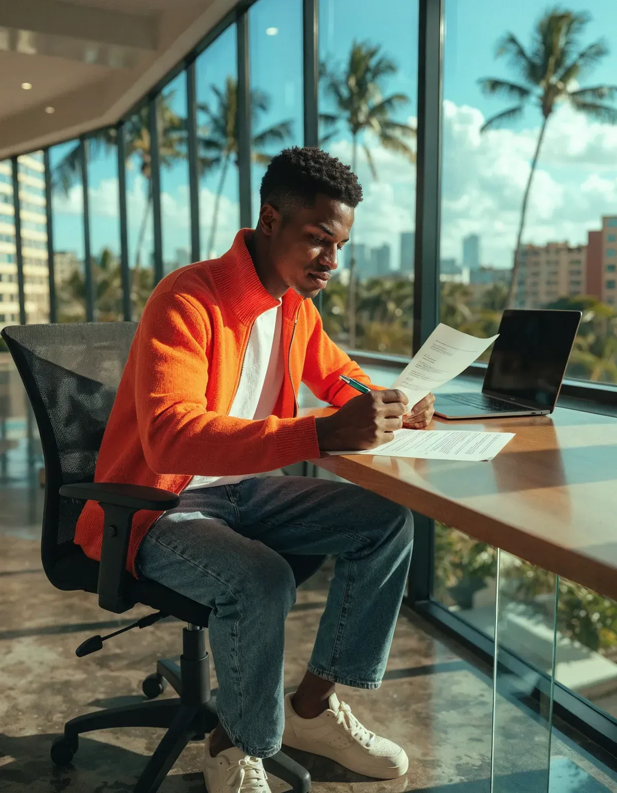 Empreendedor abrindo empresa em Maceió, Alagoas, com documentos e notebook