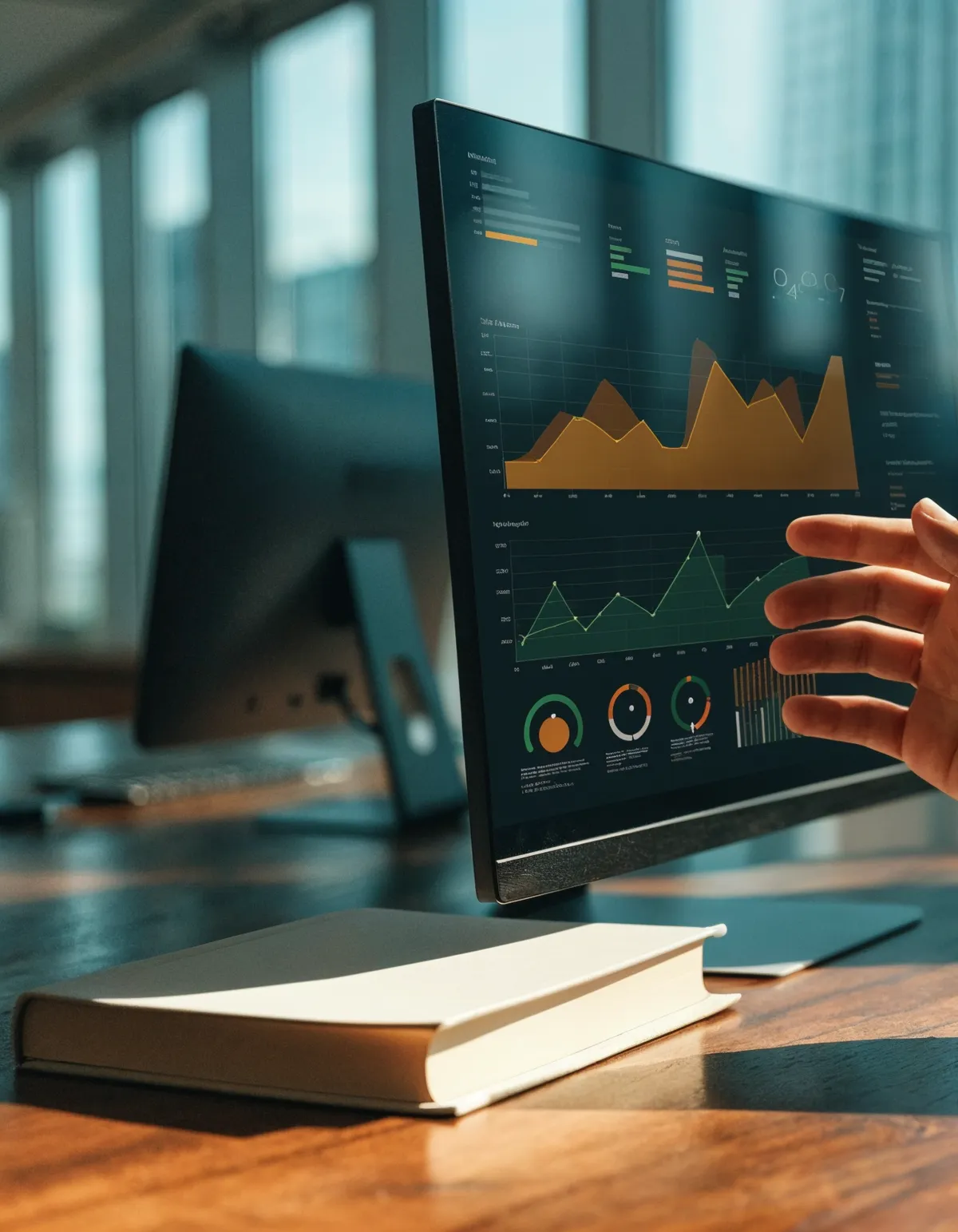 Dashboard financeiro com indicadores de crescimento (KPIs) em tela e profissional apontando métricas em Maceió